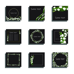 Set of square postcards with beautiful bouquets of lilies of the valley on a black background. Wreaths and frames with delicate flowers and place for text.