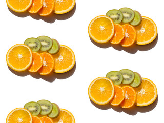 seamless pattern of orange fruit slices with tangerines and kiwis on a white background