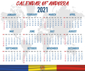 Andorra Calendar with flag. Month, day, week. Simply flat design. Vector illustration background for desktop, business, reminder, planner