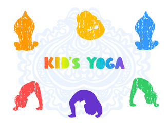 Vector colorful illustrations of silhouette children doing yoga different yoga poses or gymnastic exercises