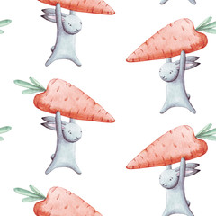 Cute seamless pattern watercolor cartoon bunny with vegetable carrot. Summer illustration. For baby textile, fabric, print and wallpaper.