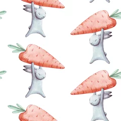Deurstickers Aquarel prints Schattig naadloze patroon aquarel cartoon konijntje met plantaardige wortel. Zomer illustratie. Voor babytextiel, stof, print en behang.