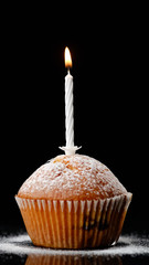 One lighted candle on birthday cake muffin with powder sugar. muffin with with burning candle. holiday, celebration, greeting and party concept.