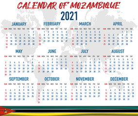 Mozambique Calendar with flag. Month, day, week. Simply flat design. Vector illustration background for desktop, business, reminder, planner