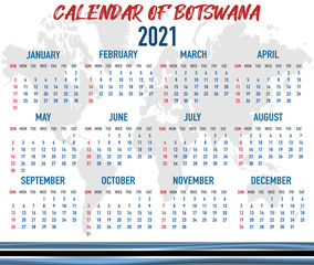 2021 year calendar with national flag of African country Botwsana. Month, day, week. Colorful palette, trendy, simply design. Vector illustration for web, business, reminder, planner.