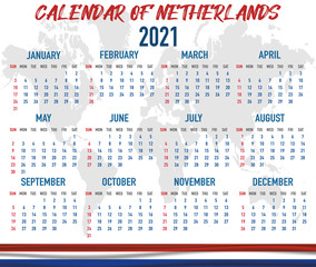Netherlands Calendar with flag. Month, day, week. Simply flat design. Vector illustration background for desktop, business, reminder, planner