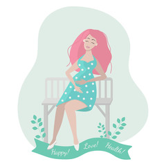 Pregnant happy woman in a pretty dress. The happiness of motherhood. Trend illustration in flat and cartoon style. Greeting card. Isolated object on a white background.