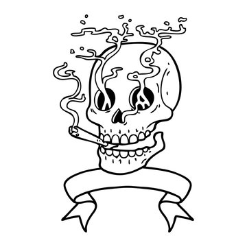 black linework tattoo with banner of a skull smoking