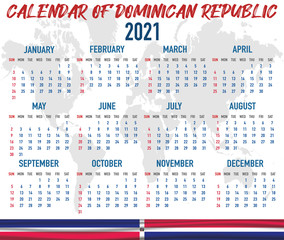 Dominican Republic Calendar with flag. Month, day, week. Simply flat design. Vector illustration background for desktop, business, reminder, planner