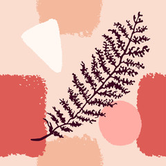 Vector seamless background with abstract shapes and illustration of plant. Scandinavian Style. For wallpaper, posters, textile print, wrapping paper, greeting card template, social media post,