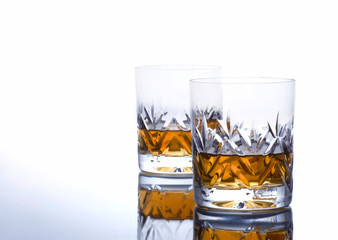 Two Glasses  of Whisky on a Reflective Surface with Copy Space