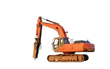 Excavator with hydraulic hammer isolated on white background. Isolation of Backhoe for the destruction of concrete and hard rock. Hydraulic breaker excavator attachments. Rock breaker Machine