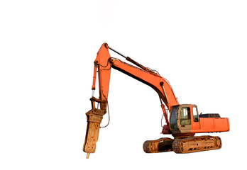 Excavator with hydraulic hammer isolated on white background. Isolation of Backhoe for the...