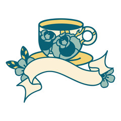 tattoo with banner of a cup and flowers