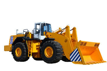 Obraz na płótnie Canvas Big yellow front-end loader or all-wheel bulldozer isolated on white background. Heavy equipment machine and manufacturing equipment for open-pit mining