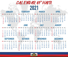 Haiti Calendar with flag. Month, day, week. Simply flat design. Vector illustration background for desktop, business, reminder, planner