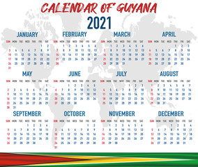 Guyana Calendar with flag. Month, day, week. Simply flat design. Vector illustration background for desktop, business, reminder, planner
