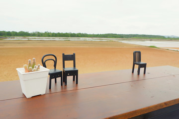 Black small chair model on wood table in blur salt farm background at cafe shop. Small chair with  cactus in pot.Close up.