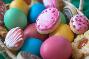 Easter colored eggs, traditional Easter cake and other treats for the holiday.