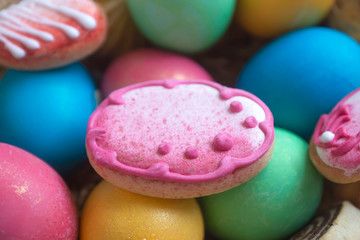 Easter colored eggs, traditional Easter cake and other treats for the holiday.