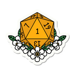 natural one dice roll with floral elements sticker