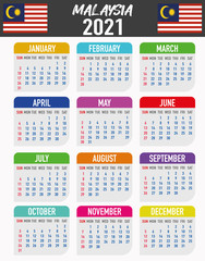 Malaysia Calendar with flag. Month, day, week. Simply flat design. Vector illustration background for desktop, business, reminder, planner