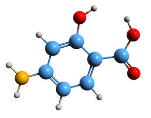3D image of 4-Aminosalicylic acid skeletal formula - molecular chemical structure of PAS isolated on white background
