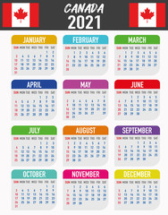 Canada Calendar with flag. Month, day, week. Simply flat design. Vector illustration background for desktop, business, reminder, planner