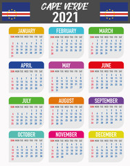 Cape Verde Calendar with flag. Month, day, week. Simply flat design. Vector illustration background for desktop, business, reminder, planner