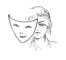 Vector drawing of a human face and mask on the theme of frustration and distress
