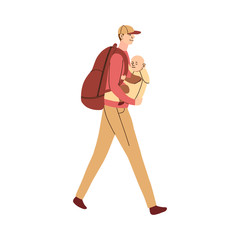 Vector colorful illustration of father carries the baby in an ergo backpack or babycarrier, with a backpack on his back