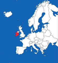 Ireland highlighted on european map. Blue sea background. Perfect for Business concepts, backgrounds, backdrop, sticker, chart, presentation and wallpaper.