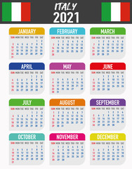 Italy Calendar with flag. Month, day, week. Simply flat design. Vector illustration background for desktop, business, reminder, planner