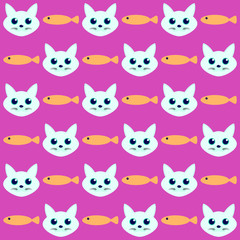 Cat and Fish Seamless Vector Pattern for Background and Set