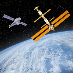 Space station. Spaceships above the earth. The elements of this image furnished by NASA.