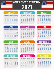 United States Calendar with flag. Month, day, week. Simply flat design. Vector illustration background for desktop, business, reminder, planner