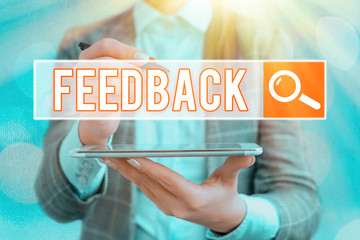 Text sign showing Feedback. Business photo text information about reactions to product...