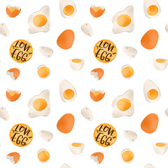 Bright seamless pattern half boiled eggs, fried, shell. Digital art on a white background. Print for textiles, wrapping paper, decoration, web, cards, banners, restaurants, kitchens.