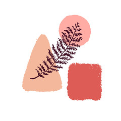 Vector collage modern poster with abstract shapes and illustration of plant. Scandinavian Style. For posters, textile print, greeting card template, social media post,