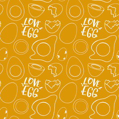 Contour doodle seamless pattern broken eggshell halves. Digital art on a yellow background. Print for textiles, wrapping paper, decoration, web, cards, banners, restaurants, kitchens.