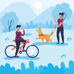 couple walking dog and bike ride activity