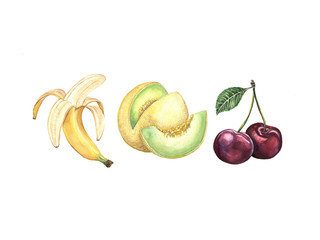 Watercolor illustration of banana, cherry and melon on a white background