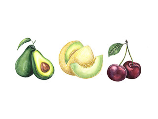 Watercolor illustration of avocado, cherry and melon on a white background