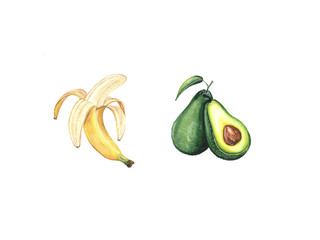 Watercolor illustration of a banana and avocado on a white background