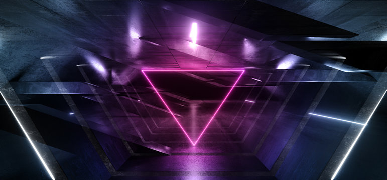 Sci Fi Futuristic Concrete Reflective Triangle Metal underground Corridor Tunnel hallway Glowing Laser Neon Led Purple Blue Columns Empty Space background Parking 3D Rendering © IM_VISUALS