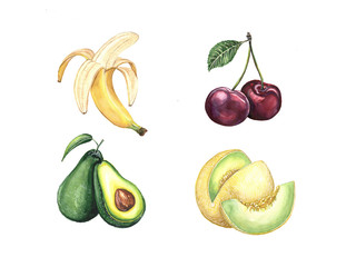 Watercolor illustration of banana, melon, cherry and avocado on a white background