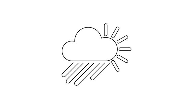 Black line Cloudy with rain and sun icon isolated on white background. Rain cloud precipitation with rain drops. 4K Video motion graphic animation