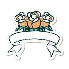 grunge sticker with banner of a bouquet of flowers