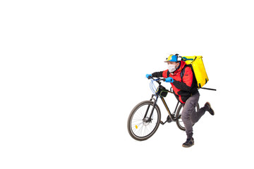 Obraz premium Too much orders. Contacless delivery service during quarantine. Man delivers food during isolation, wearing gloves and face mask. Taking pizza on bike isolated on white background. Safety. Hurrying up