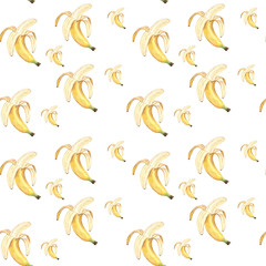 Watercolor illustration of a banana pattern on a white background